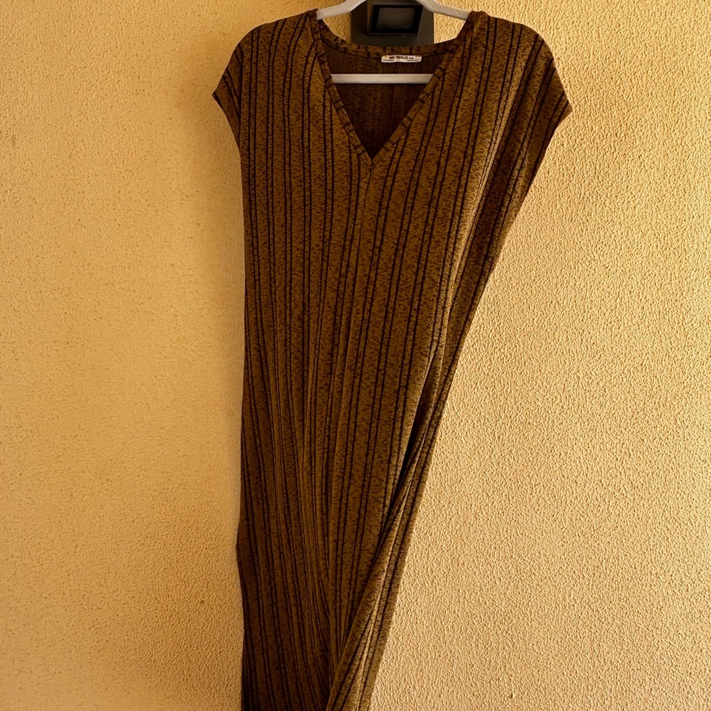 Zara Striped Brown V-Neck Dress